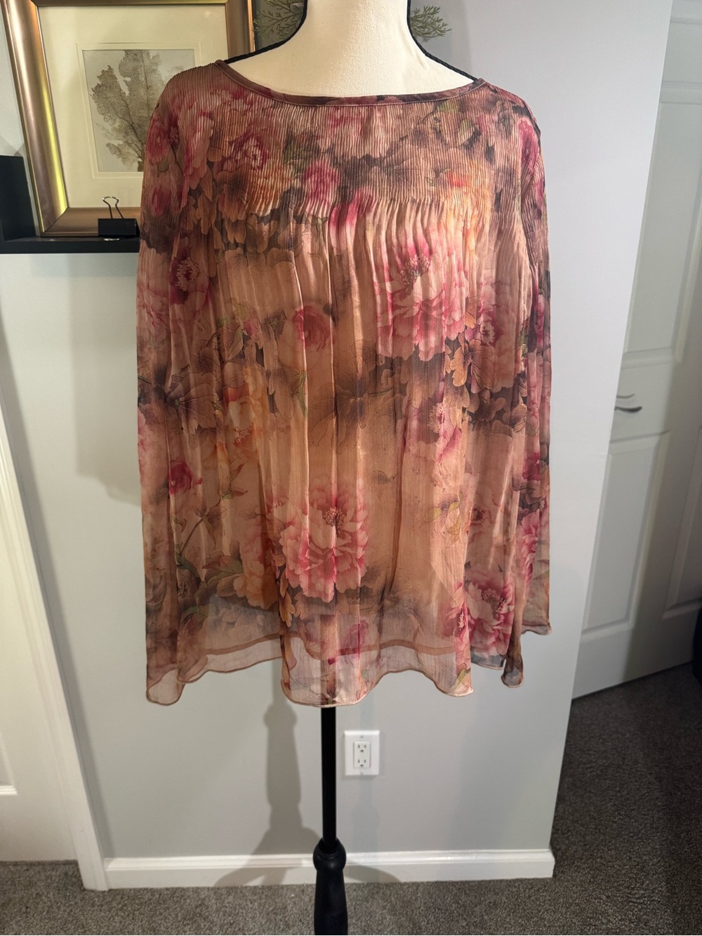 Kensie Sheer Floral Blouse - Pink & Brown